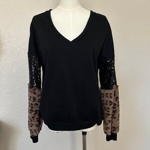Black Leopard Print & Sequin Women's Top